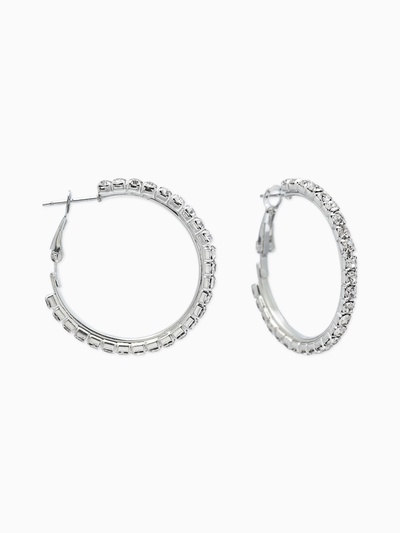 Серьги-кольца со стразами d=3.5 см, белые в серебре