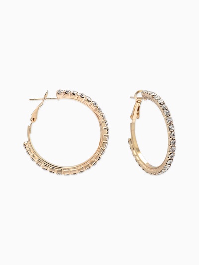 Серьги-кольца со стразами d=3.5 см, белые в золоте