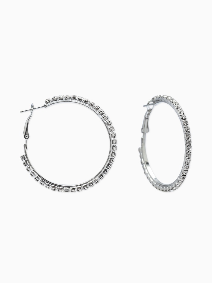 Серьги-кольца со стразами d=4.5 см, белые в серебре