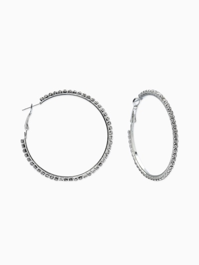 Серьги-кольца со стразами d=5.5 см, белые в серебре
