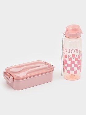 Ланч-бокс, 2 отделения, 2 яруса, с вилкой и ложкой, бутылкой 500мл,20х17х5,5 см,цвет розовый   10949