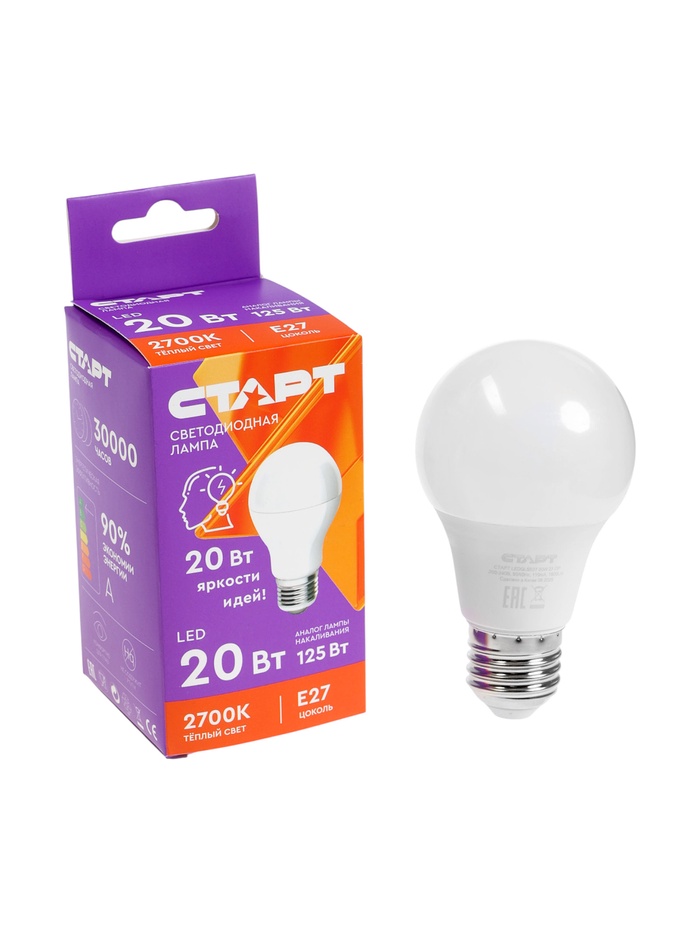 Лампа светодиодная СТАРТ, 20 Вт, Е27, 2700К, 1600 лм, свечение тёплое белое - Фото 1