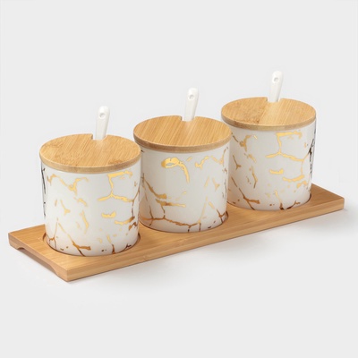 УЦЕНКА Набор банок на деревянной подставке 3 шт. «Эстет. Gold» 29.5×10×10 см, белая