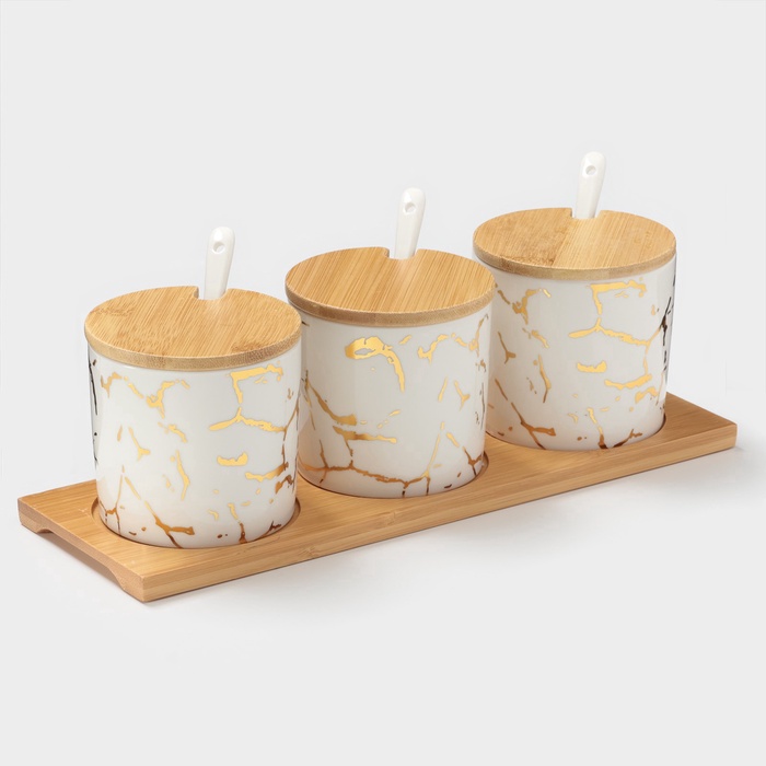 УЦЕНКА Набор банок на деревянной подставке 3 шт. «Эстет. Gold» 29.5×10×10 см, белая - Фото 1