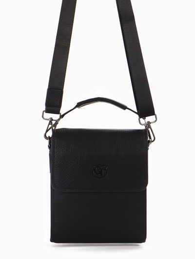 Сумка планшет мужская, на молнии, два наружных кармана, длинный ремень, 19×8×23 см, чёрная