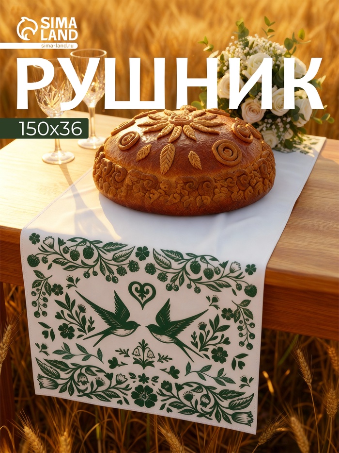 Рушник «Ласточки с зелёным орнаментом», 150×36 см - Фото 1