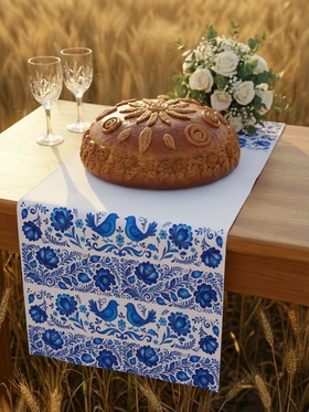 Рушник «Гжель и орнамент», 150×36 см, белый/синий