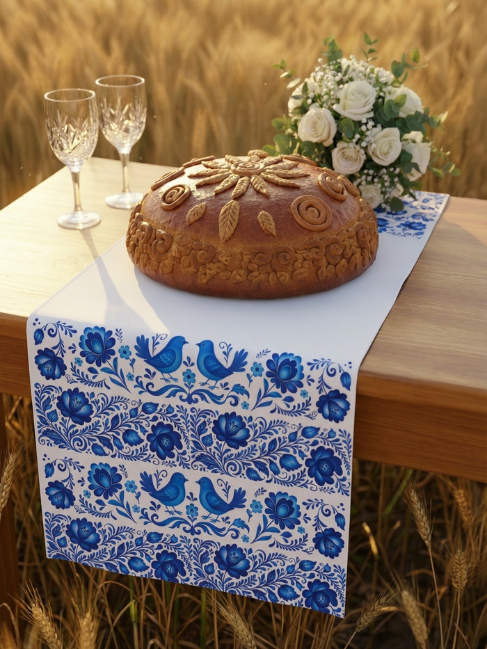 Рушник «Гжель и орнамент», 150×36 см, белый/синий