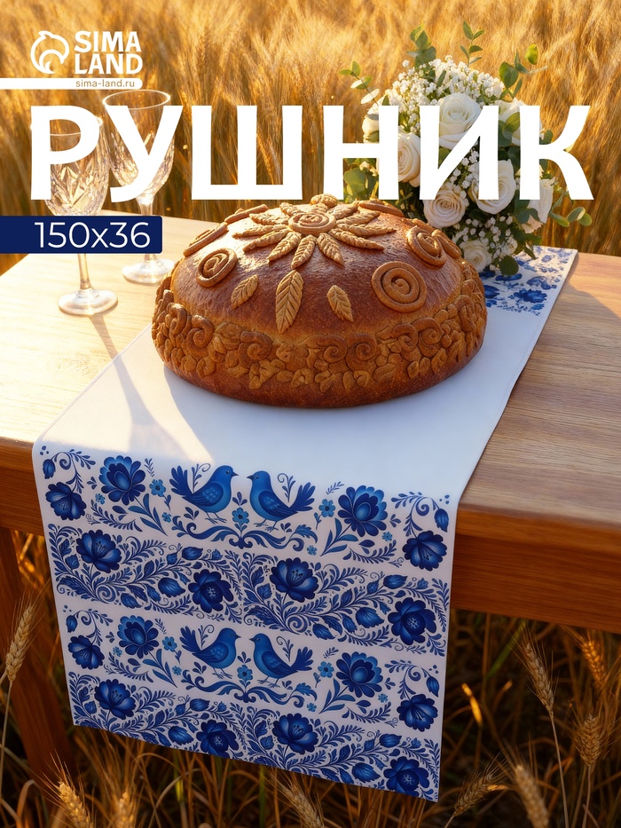 Рушник «Гжель и орнамент», 150×36 см, белый/синий - Фото 1