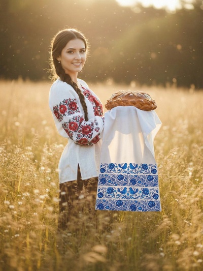 Рушник «Гжель и орнамент», 150×36 см, белый/синий