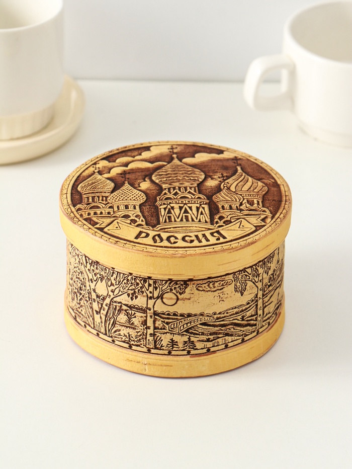 Шкатулка для украшений «Россия», круглая, 12×7 см, береста - Фото 1