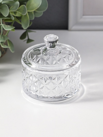 Шкатулка для украшений с крышкой «Ромбы и бриллиант», стекло, прозрачная, 6.5×6.5×7 см
