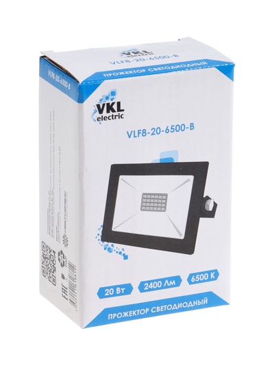 Прожектор светодиодный VKL Electric, 20 Вт, 2400 лм, 6500К, IP65, 220 В, чёрный, свечение холодное белое