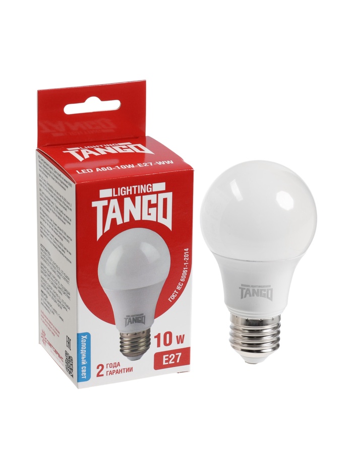 Лампа светодиодная TANGO, А60, 10 Вт, E27, 950 лм, 6500K, IP20, свечение холодное белое - Фото 1