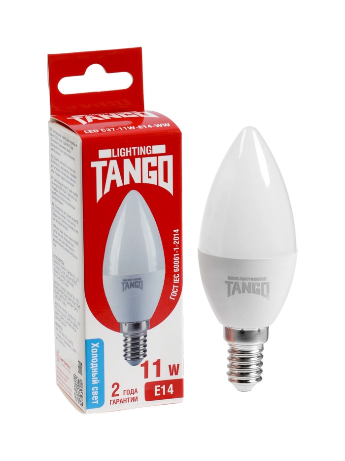 Лампа светодиодная TANGO, С37, 11 Вт, E14, 1045 лм, 6500K, IP20, свечение холодное белое - Фото 1