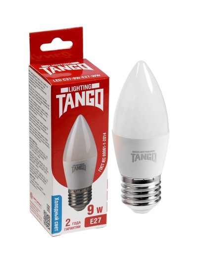 Лампа светодиодная TANGO, С37, 9 Вт, E27, 855 лм, 6500K, IP20, свечение холодное белое