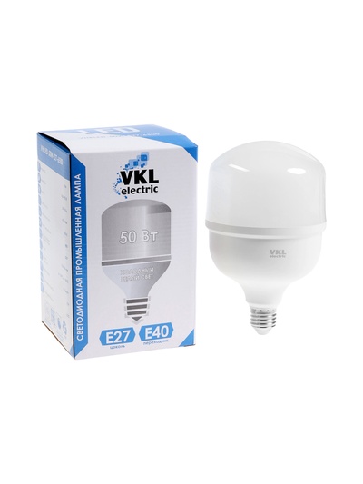 Лампа светодиодная VKL Electric, бочка, 50 Вт, E27, переходник Е40, 4750 лм, 6500K, IP20, 118×186 мм