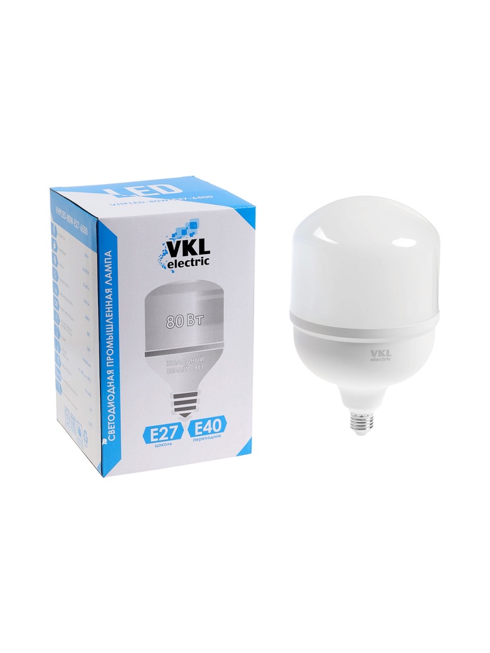Лампа светодиодная VKL Electric, бочка, 80 Вт, E27, переходник Е40, 7600 лм, 6500K, IP20, 160×260 мм - Фото 1