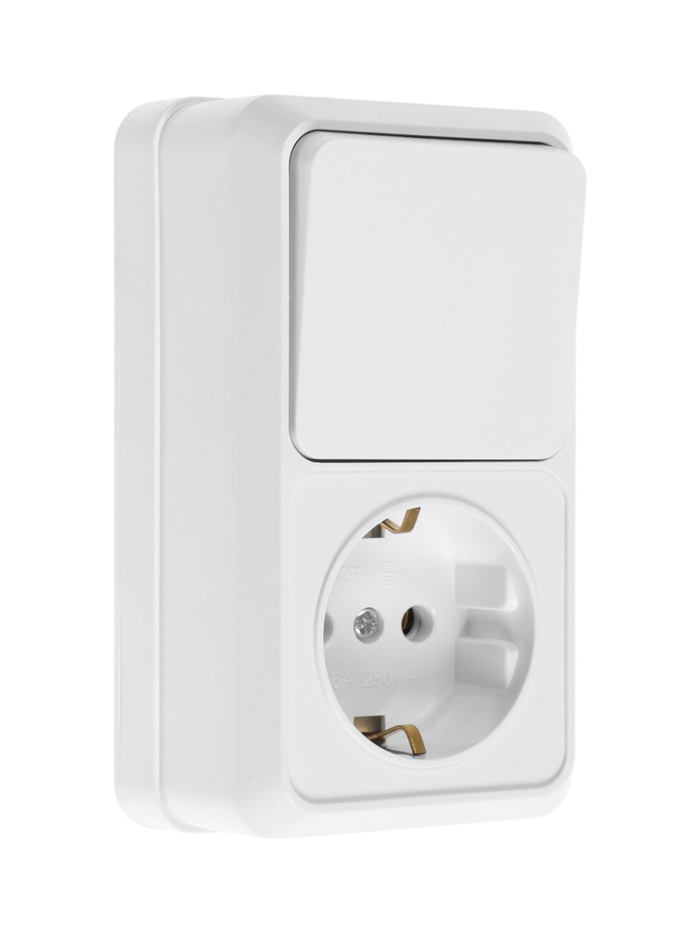 Выключатель одноклавишный с розеткой TANGO, 16 А, IP20, вертикальный, с заземлением, белый - Фото 1