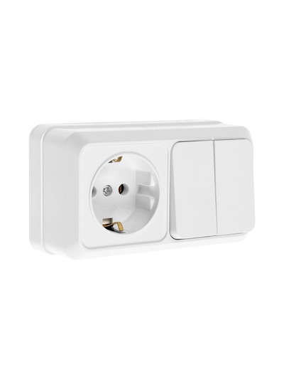 Выключатель двухклавишный с розеткой TANGO, 16 А, IP20, горизонтальный, с заземлением, белый
