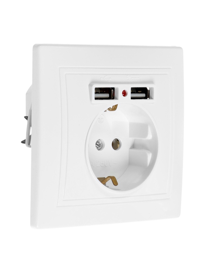 Розетка одноместная TANGO с 2×USB, 16 А, 250 В, IP20, с заземлением, белая - Фото 1