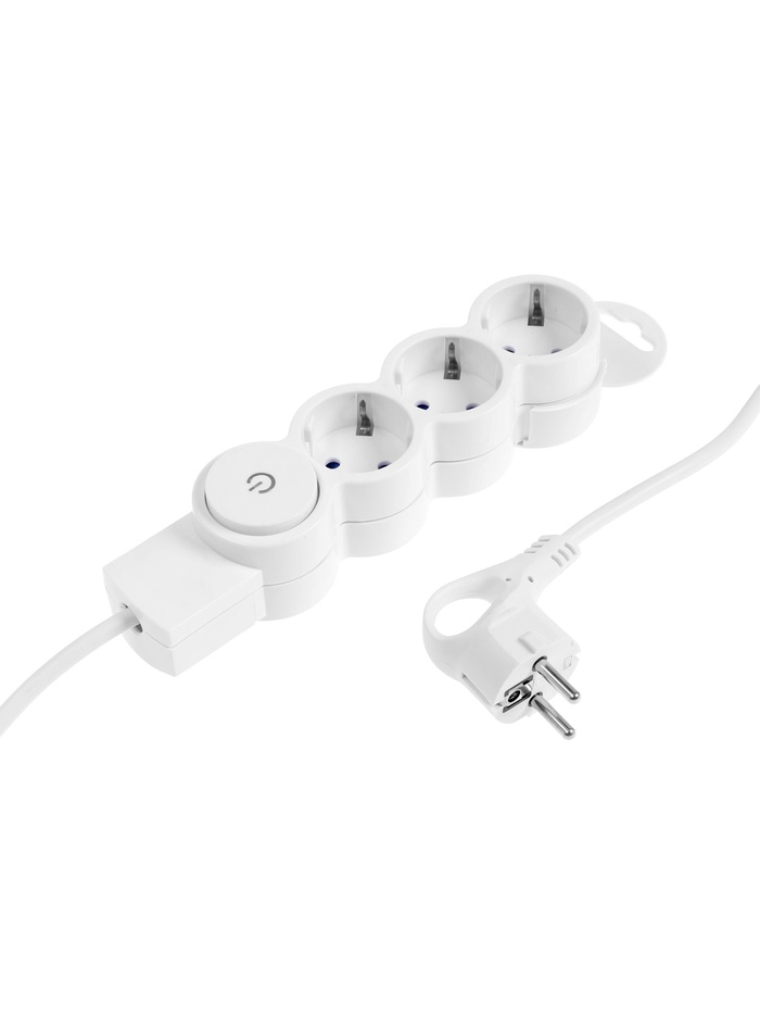 Удлинитель с выключателем, 3 розетки, 3 м, 10 А, 2200 Вт, ПВС 3×0.75 мм², с заземлением, белый - Фото 1