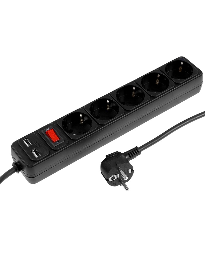 Сетевой фильтр TANGO, 5 розеток + 2 USB, 1.8 м, 10 А, 2200 Вт, с заземлением, чёрный - Фото 1
