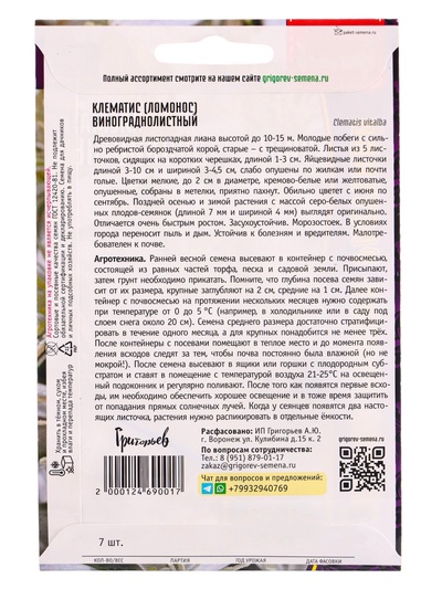 Семена цветов Клематис «Винограднолистный», 7 шт., «Григорьев»