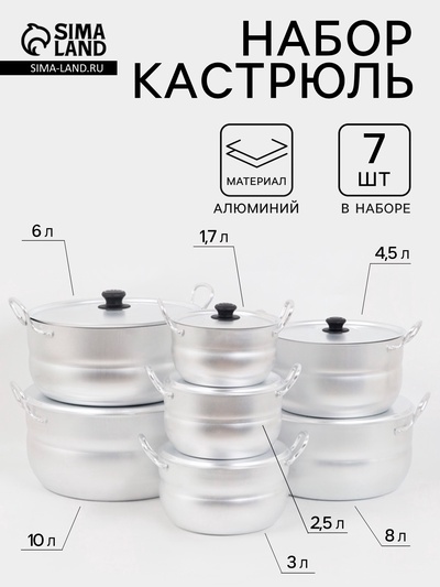 Набор кастрюль «Матрёшка», 7 предметов: 1.7 л, 2.5 л, 3 л, 4.5 л, 6 л, 8 л, 10 л, металлические ручки и крышки, листовой алюминий 1.5-1.75 мм, серебристая