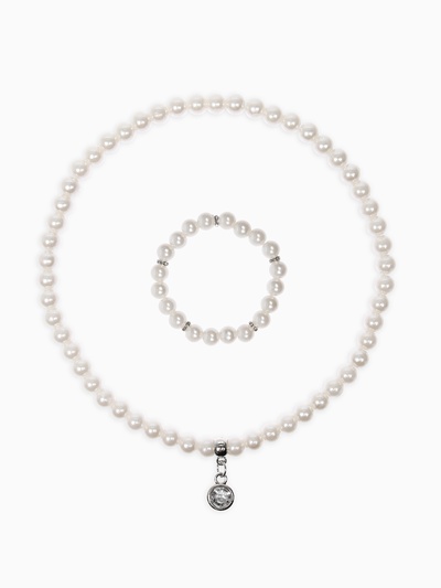 Набор детский «Выбражулька» 2 предмета: бусы, браслет d=6 см жемчуг, белый в серебре