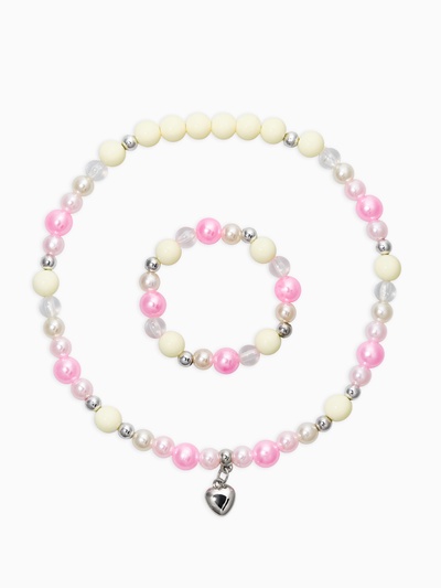 Набор детский «Выбражулька» 2 предмета: бусы, браслет d=6 см сердце, розовый в серебре