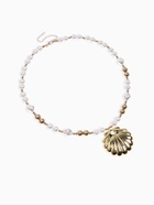 Кулон на жемчужных бусах «Ракушка», белый в золоте - фото 68178861