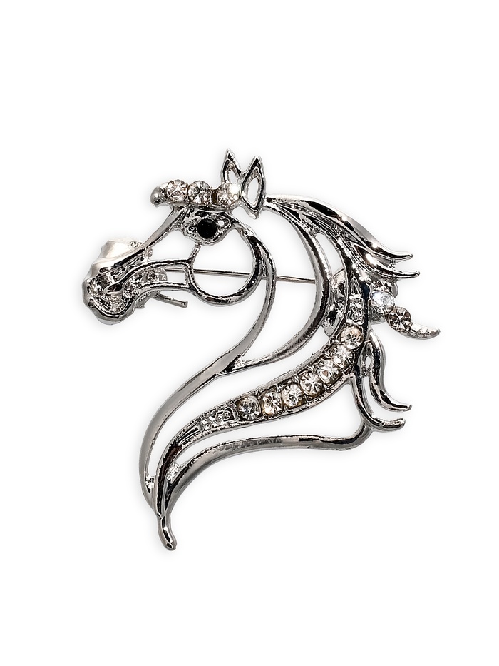Брошь со стразами «Лошадь», белая в серебре