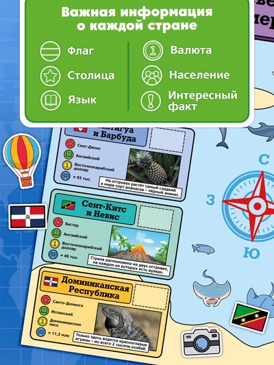 Книга «Атлас. Страны мира» с наклейками и плакатом, 255 наклеек