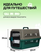 Переноска для животных, 59×36×35 см, с сеткой и чашей, пластик, серая, зелёная - фото 68975475