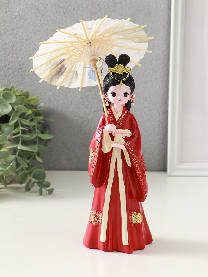 Фигура полистоун «Девочка в кимоно с зонтиком», красный, 12×13.8×25 см - Фото 1