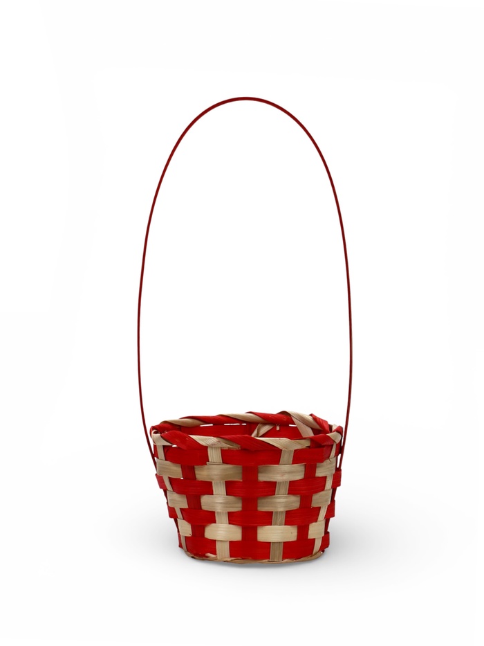 Корзина плетёная для хранения, 13×13×9.5 см, ручка h=21 см, бамбуковая, красно-бежевая, Greengo - Фото 1