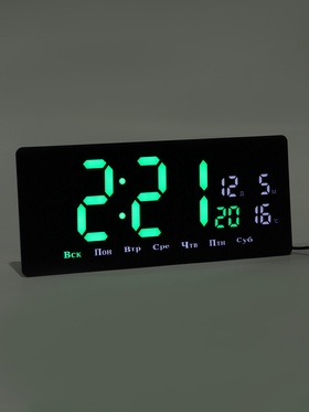 {{photo.Alt || photo.Description || 'УЦЕНКА Часы электронные настенные, календарь термометр, 36.2×15.5 см, зеленые цифры 10×4.5 см'}}