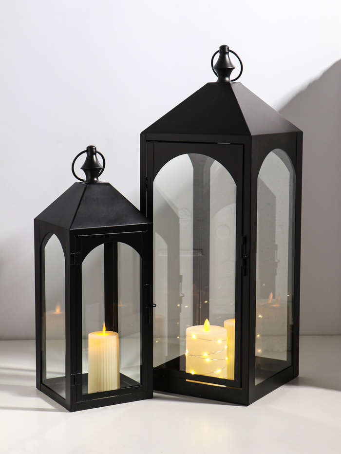 Подсвечник металлический «Фонарь лофт», чёрный, набор 2 шт. свеча 14×14 см, 20×20 см; 15×15×43 см, 21×21×60 см
