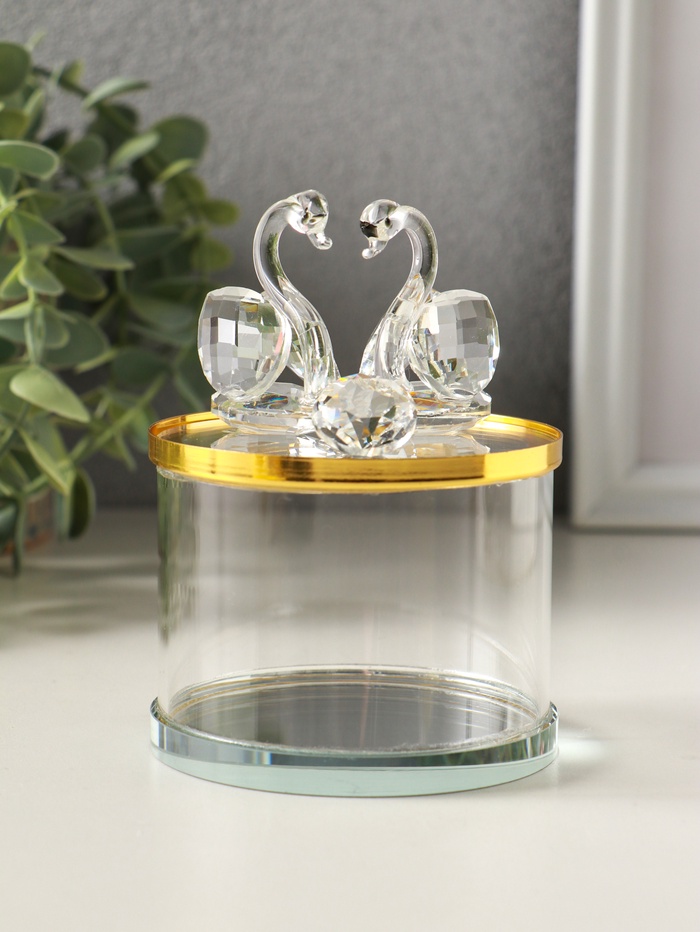 Шкатулка для украшений «Лебеди», стекло, с крышкой и металлическим ободком под золото 8.2×8.2×11 см - Фото 1