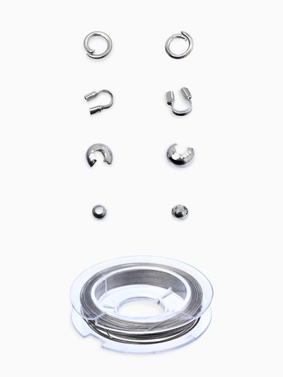 Набор для создания украшений «База», тросик, кримпы, шапочка, протектор, кольца, 61 предмет, цвет серебро