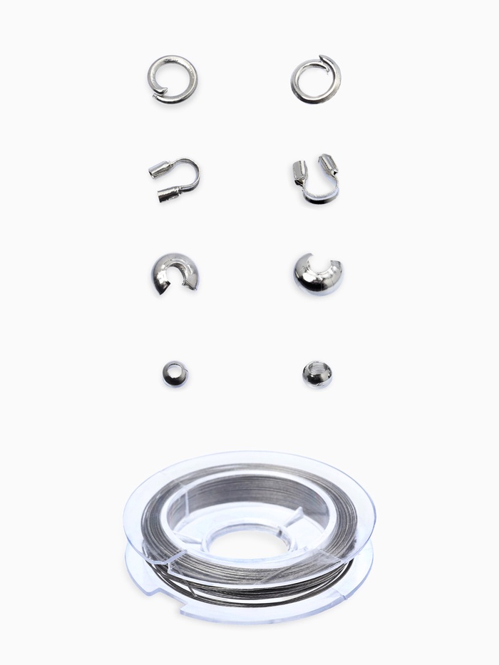 Набор для создания украшений «База», тросик, кримпы, шапочка, протектор, кольца, 61 предмет, цвет серебро - Фото 1