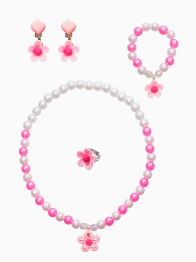 Набор детских украшений «Выбражулька. Цветок», 4 предмета: клипсы, кольцо, бусы, браслет, розовый, белый