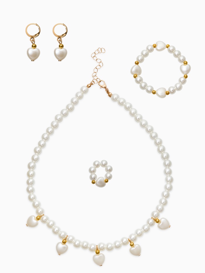 Набор детских украшений «Выбражулька. Стиль в сердце», 4 предмета: клипсы, кольцо, бусы, браслет, белый в золоте