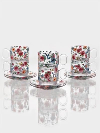 Чайный сервиз «Убранство», 12 предметов: 6 чашек 200 мл, 6 блюдец, с рисунком, стекло, прозрачный