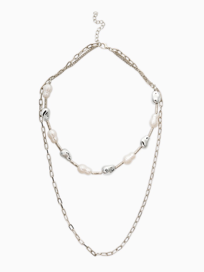 Колье цепочка «Жемчуг барокко», удлиненное, 2 яруса, белое в серебре