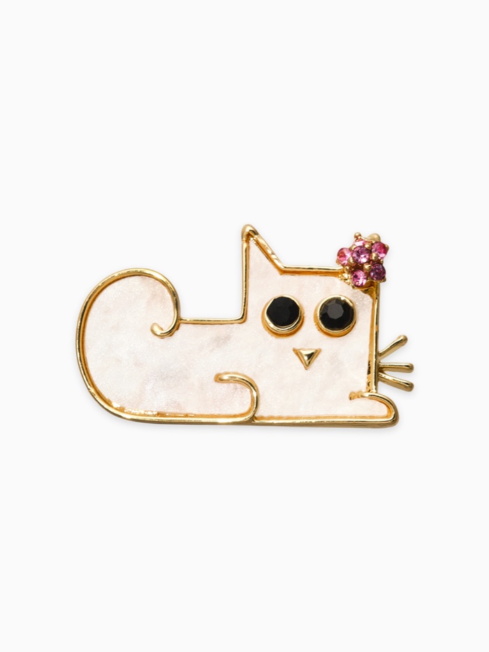 Брошь перламутровая «Котёнок с цветочком», белая в золоте