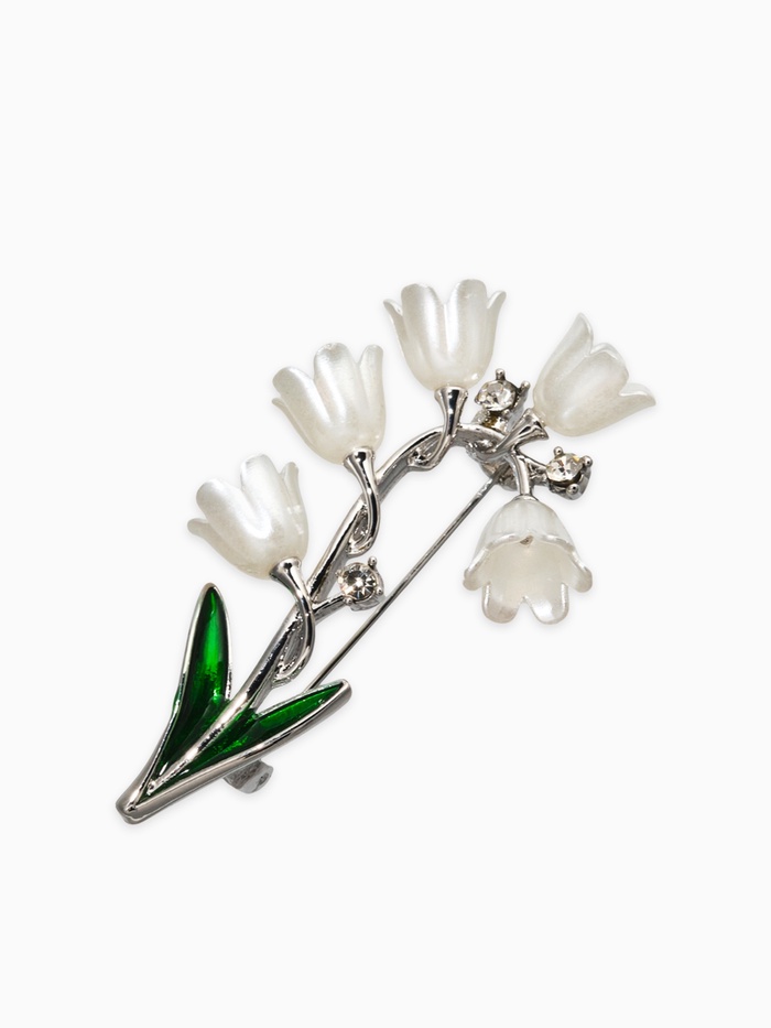 Брошь «Цветы Ландышей», бело-зелёная в серебре - Фото 1
