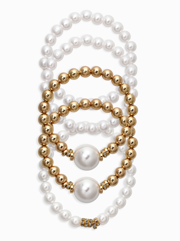 Браслеты из бусин «Стильный жемчуг», набор 5 шт. бусины №8 и 16, белый в золоте - Фото 1