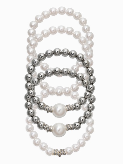 Браслеты из бусин «Стильный жемчуг», набор 5 шт. бусины №8 и 16, белый в серебре